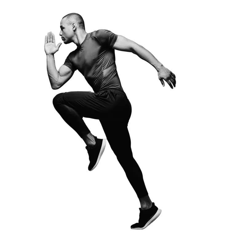 A man in athletic clothing is running, captured mid-stride, embodying the essence of mobile therapy as he pushes forward with every step.